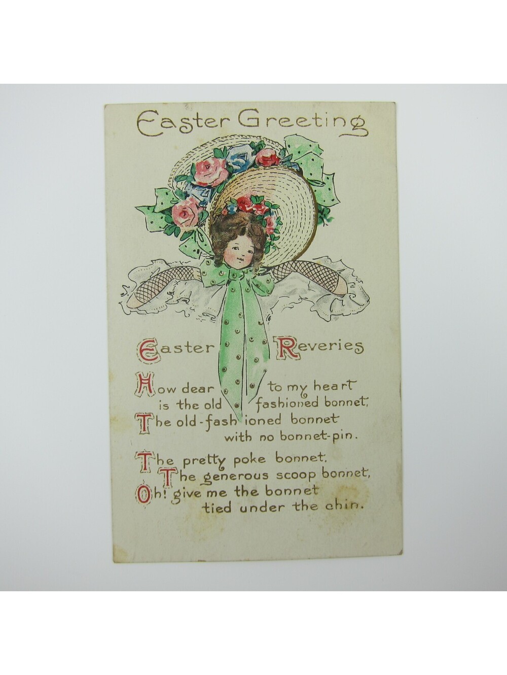 Easter Postcard Girl Bonnet Flowers Green Polka Dot Ribbon Embossed Antique 1910